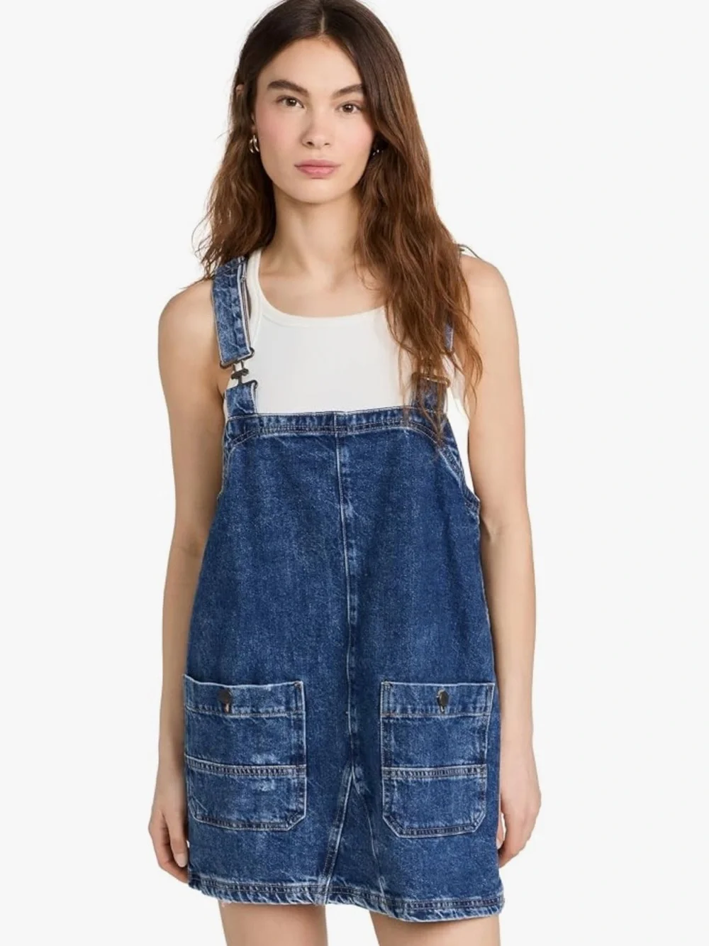 Free People Overall Smock Denim Dark Wash Distressed Mini Short Dress Casual M